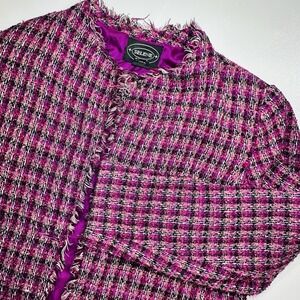 Selene Sport Tweed Fringe Open Front Jacket Pink Black Long Sleeve Women's Small